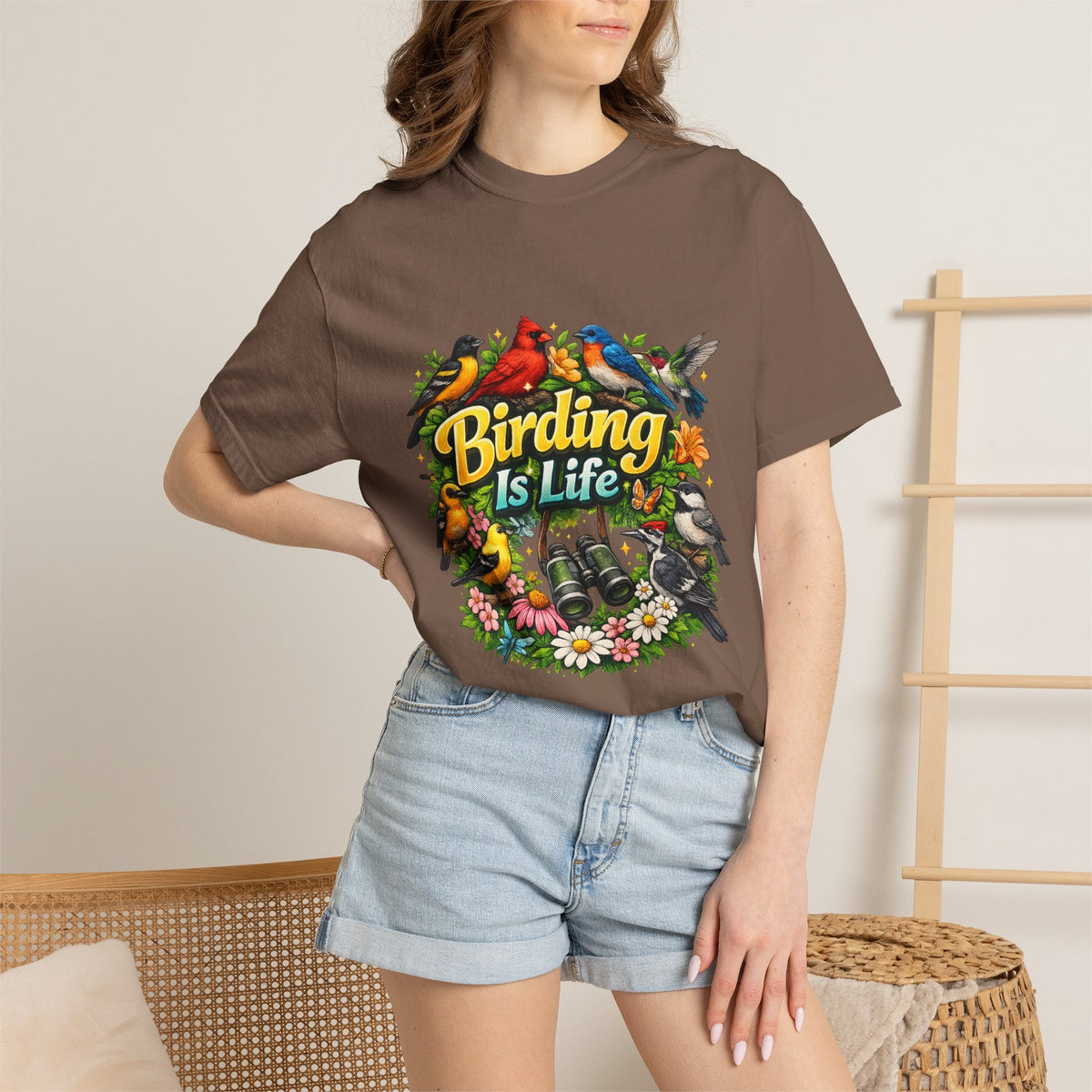 Birding Is Life T-shirt | Colorful Songbirds, Binoculars, Floral Design