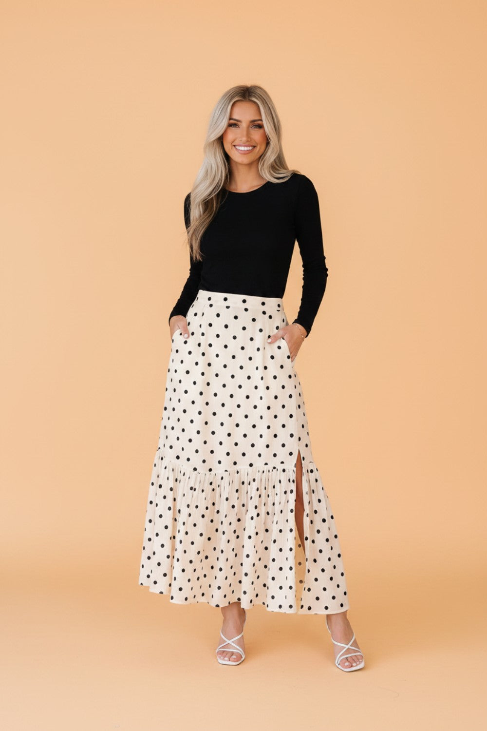 Polka Dot Ruffle Side Slit Maxi Skirt