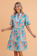 Floral Stripe Scallop Trim V-Neck Tiered Dress