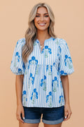 Floral Tie Neck Puff Sleeve Blouse