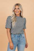 Gingham Plaid Puff Sleeve Frilled Neck Blouse