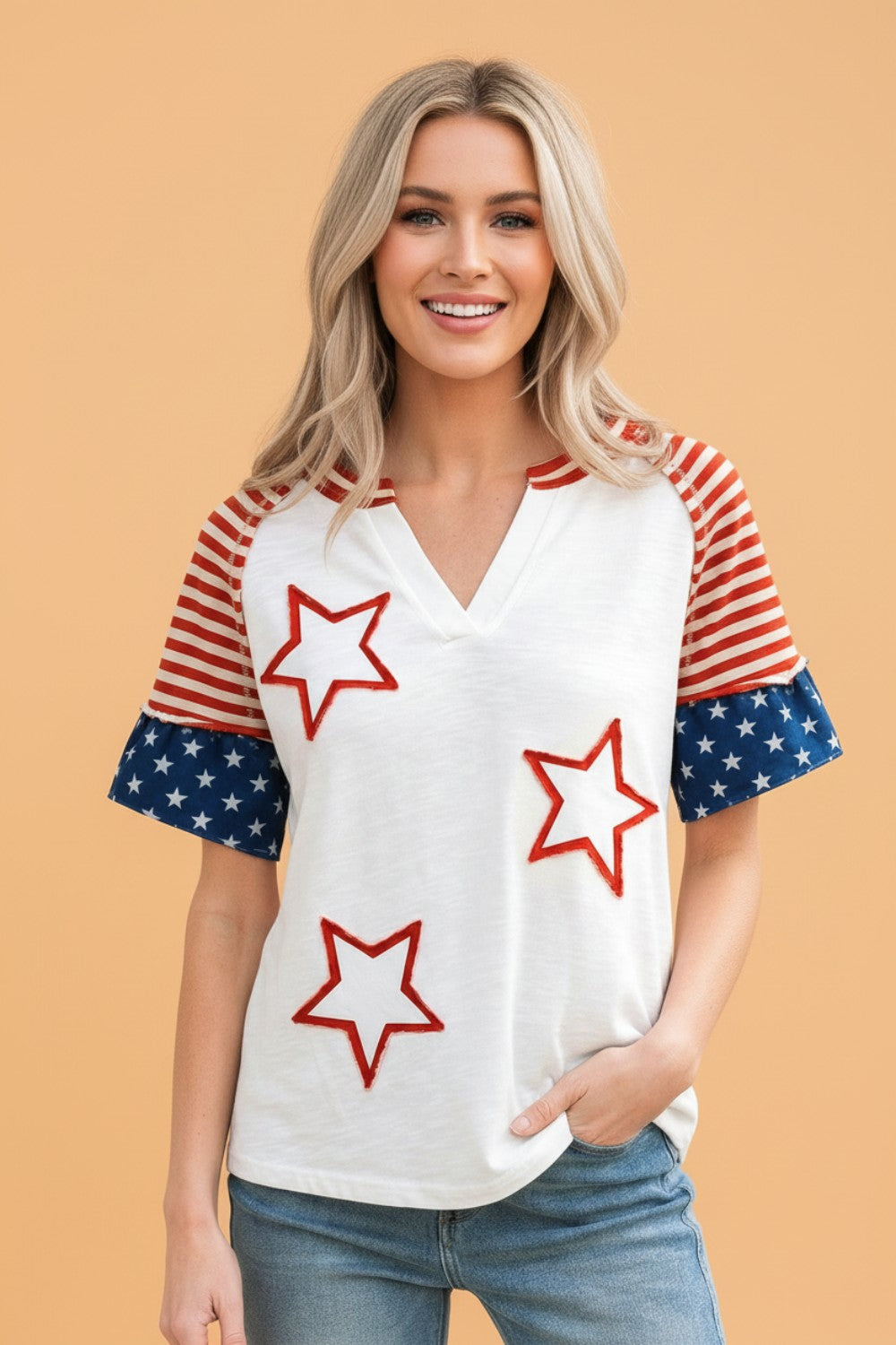 USA Flag Star Patchwork Short Sleeve Top