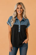 Colorblock Denim Patchwork Polo Collar Top
