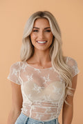 Floral Sheer Lace Mesh Exposed Seam Ruched Top