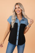 Colorblock Denim Patchwork Waffle Knit Buttoned Shirt