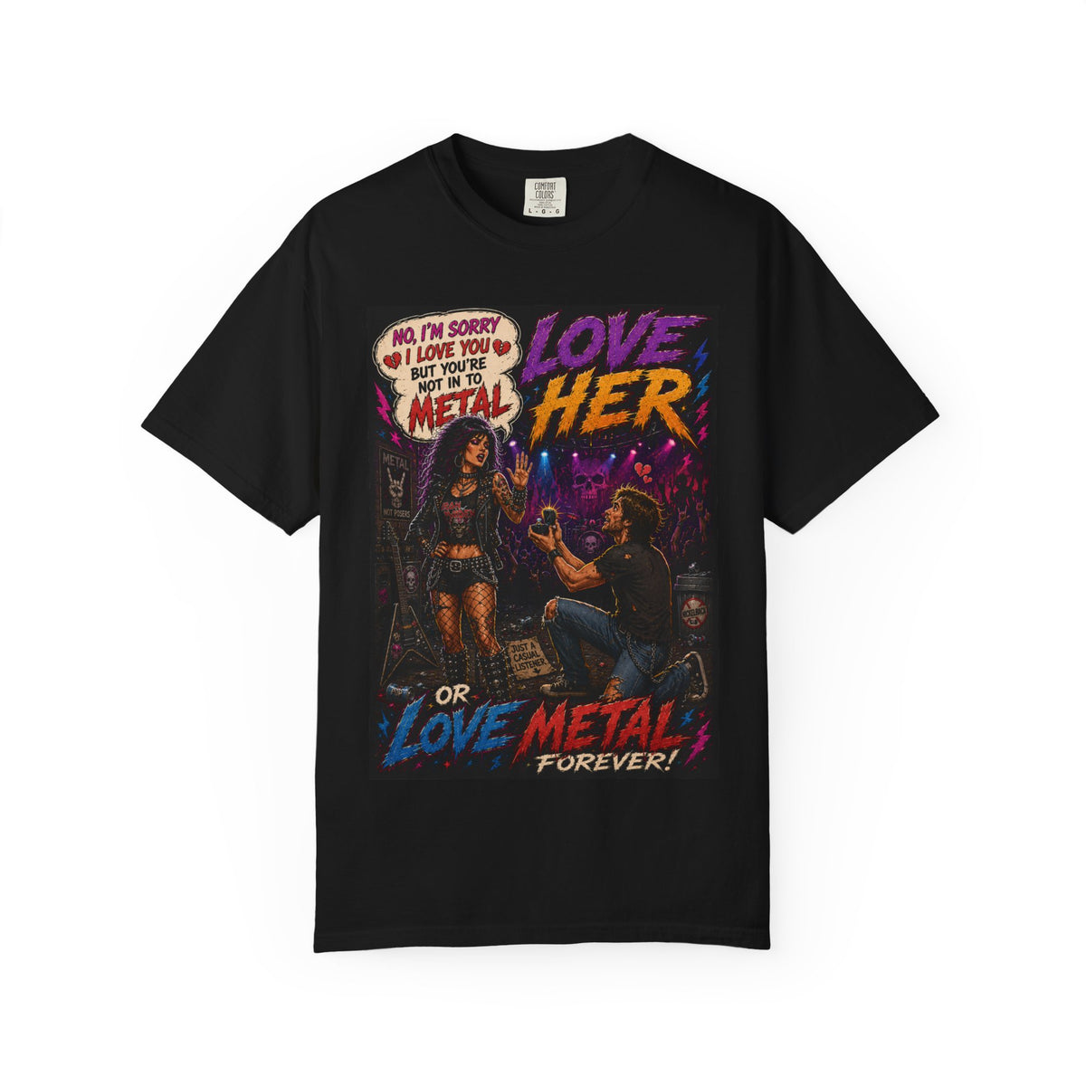 Love Metal Illustration T-Shirt | Rock Concert Couple, Retro Comic