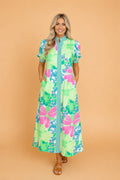 Floral Stripe Trim Button Down Vacation Dress