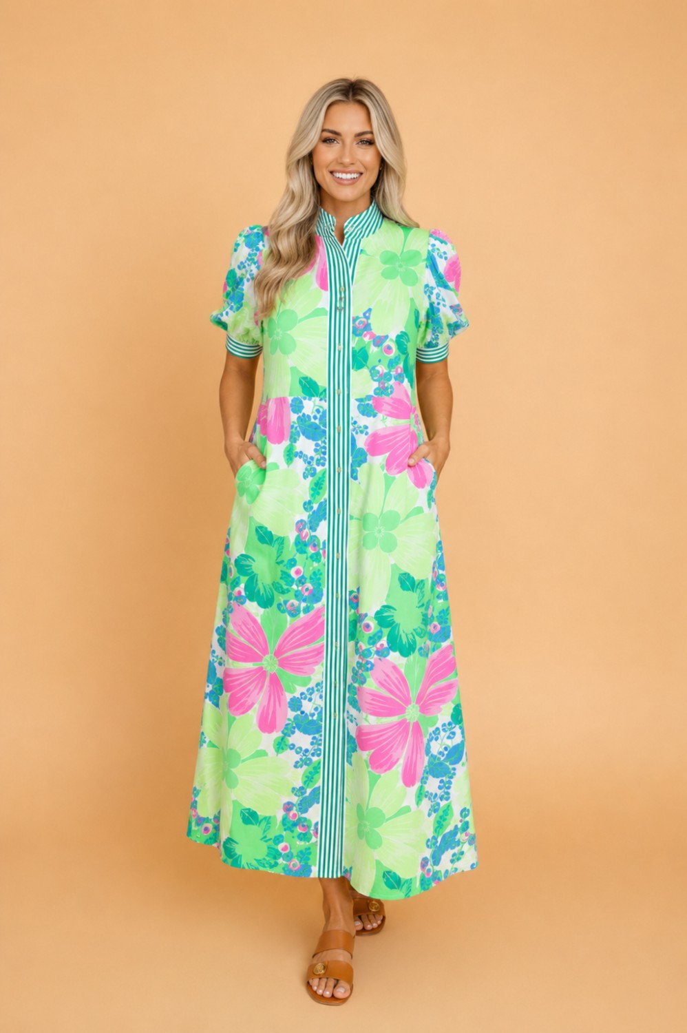 Floral Stripe Trim Button Down Vacation Dress
