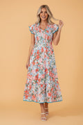 Floral Flutter Sleeve Smocked V-Neck Maxi Dress