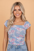 Floral Mesh Square Neck Cap Sleeve Ruched Top