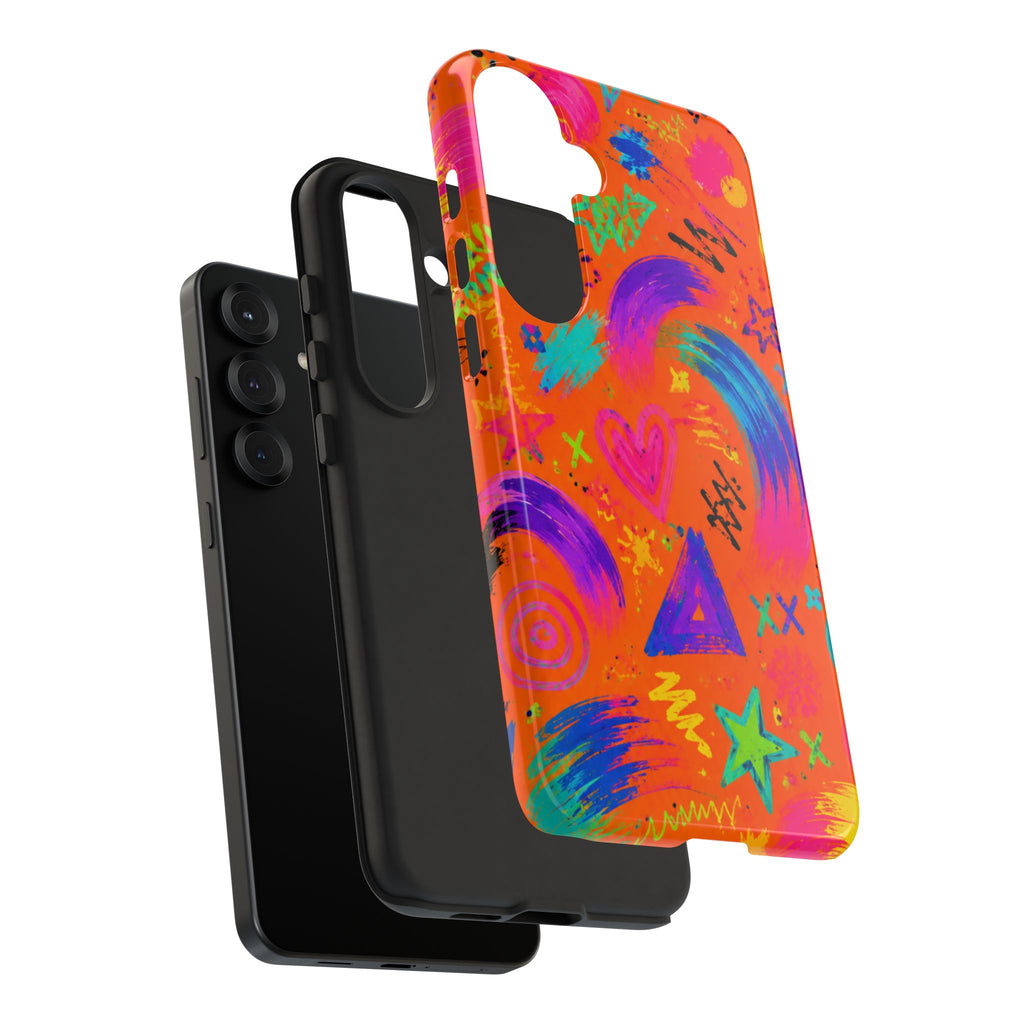 Colorful Neon Doodle Phone Case — Bright Abstract Stars & Hearts Tough Case