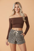 Leopard Stripe Detail Drawstring Denim Shorts