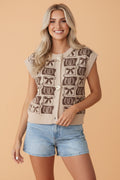 Western Horseshoe Bow Pattern Button Front Sleeveless Knit Top