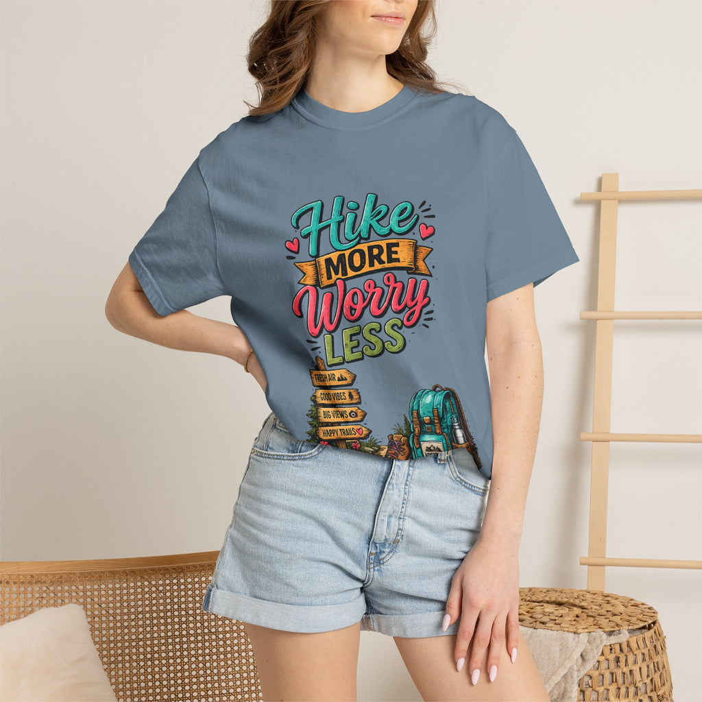 Hike More Worry Less T-Shirt | Hiking Backpack Trail Sign Tee