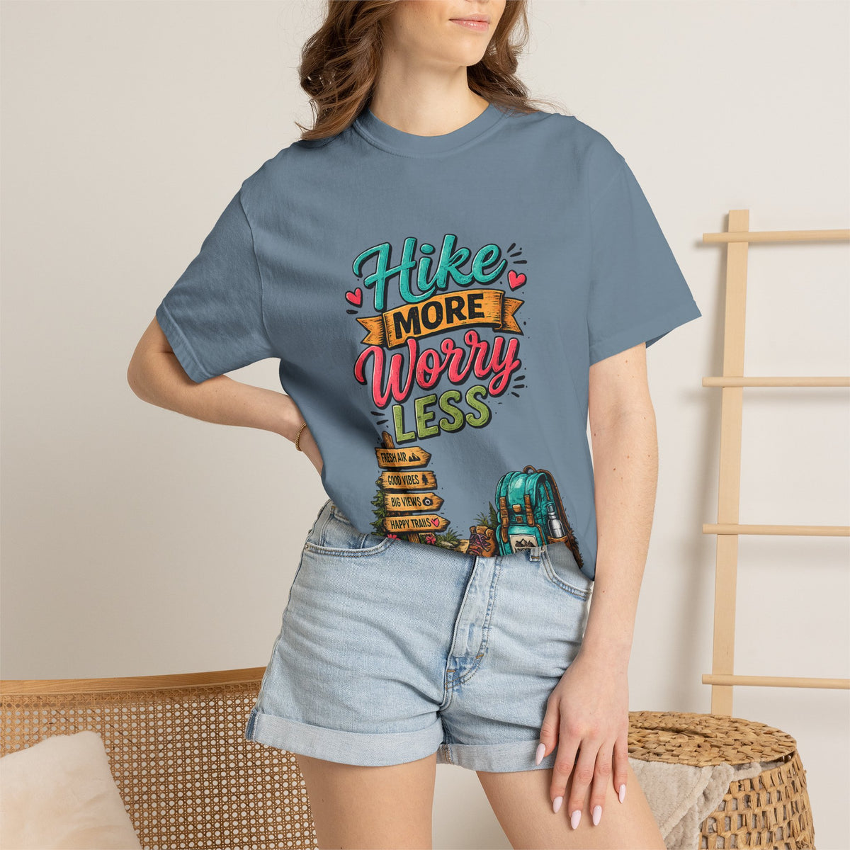 Hike More Worry Less T-Shirt | Hiking Backpack Trail Sign Tee