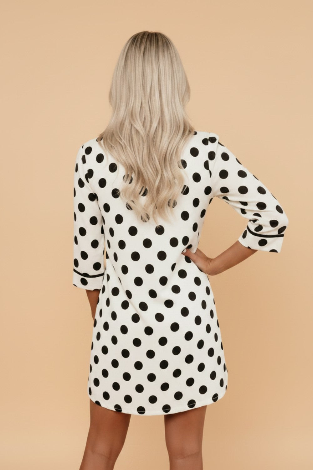 Polka Dot Collar V-Neck 3/4 Sleeve Pockets Mini Dress