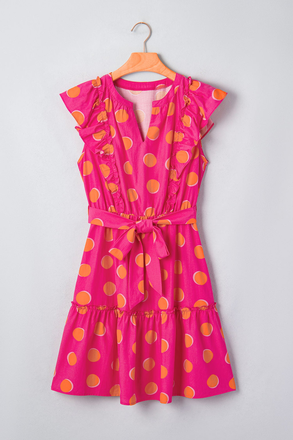 Polka Dot V-Neck Ruffle Belted Mini Dress