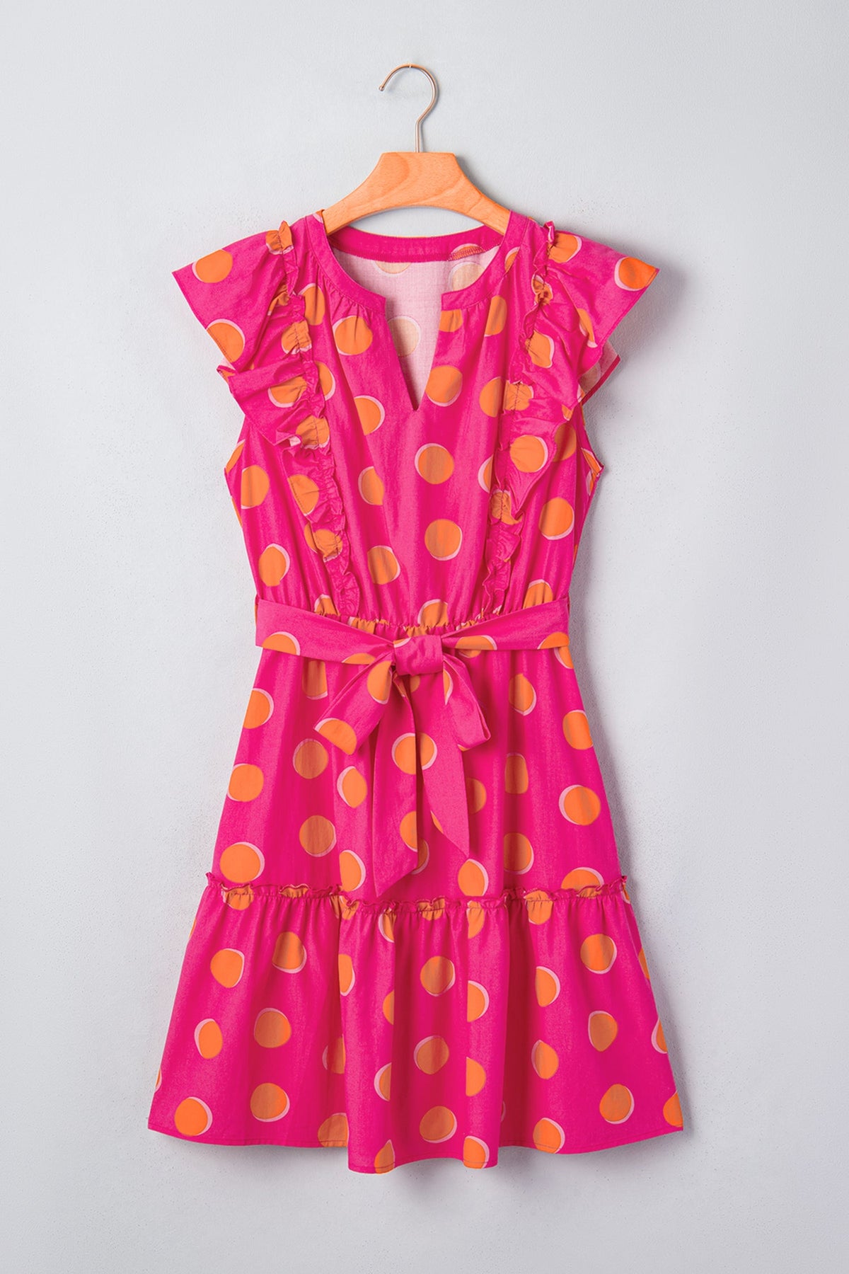 Polka Dot V-Neck Ruffle Belted Mini Dress