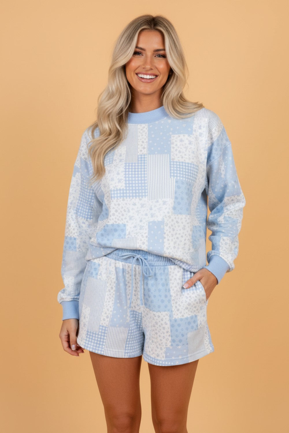 Floral Patchwork Sweatshirt & Drawstring Shorts Set