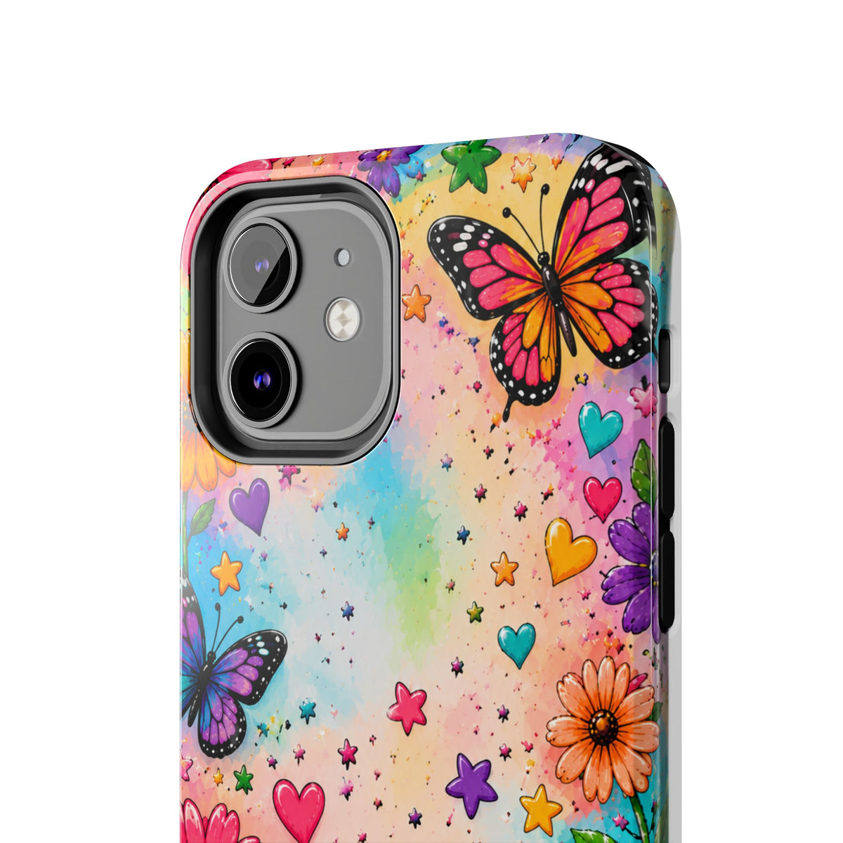 Colorful Butterflies and Flowers Tough Phone Case | Rainbow Hearts Stars