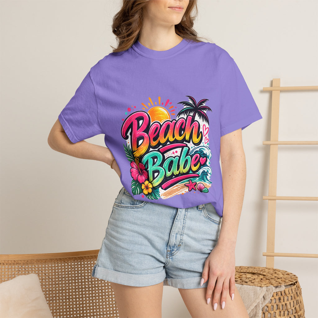 Beach Babe T-shirt | Tropical Palm Hibiscus Sunset Design