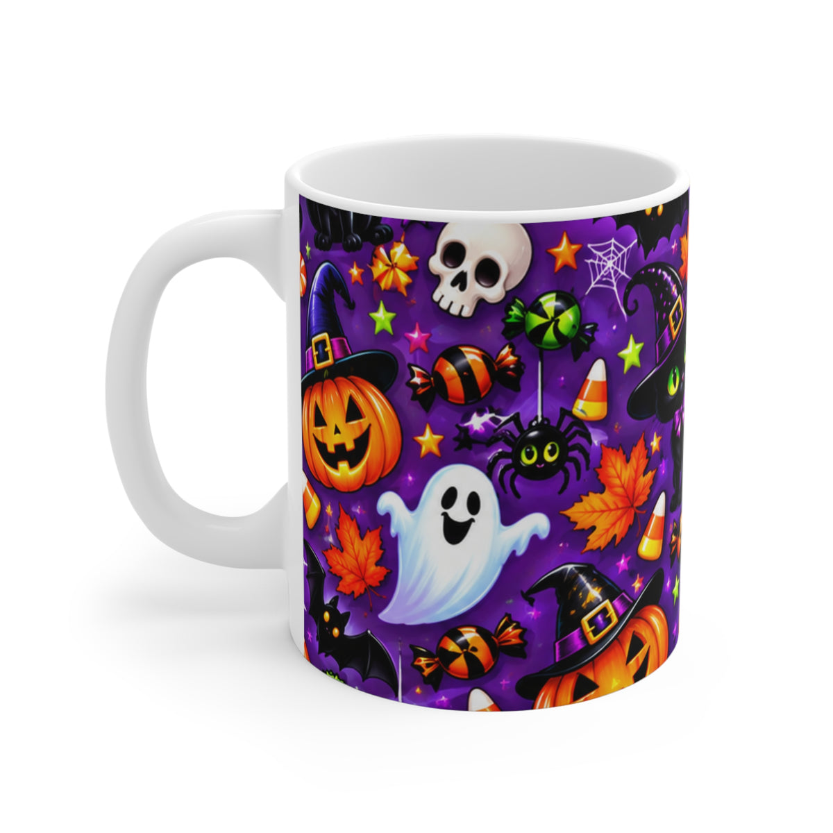 Halloween Pattern Coffee Mug — Cute Black Cats, Ghosts & Candy 11oz