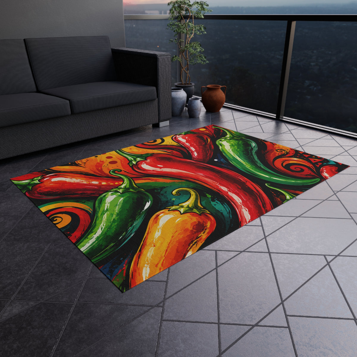 Fiery Chili Pepper Outdoor Rug — Colorful Southwestern Patio Mat