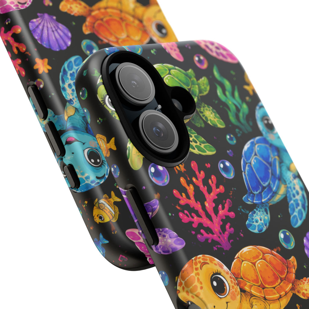 Phone Case — Colorful Cute Sea Turtles on Black (Protective Smartphone Cover)