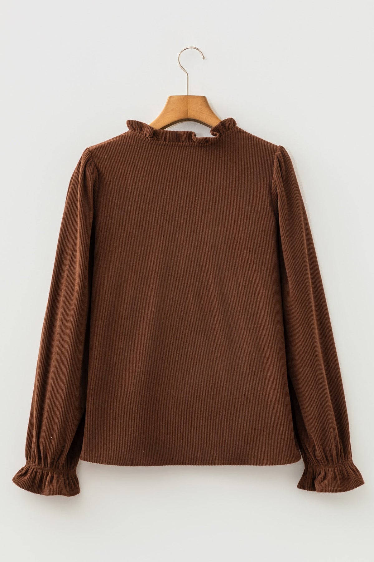 Solid Ruffle Trim V-Neck Long Sleeve Corduroy Shacket