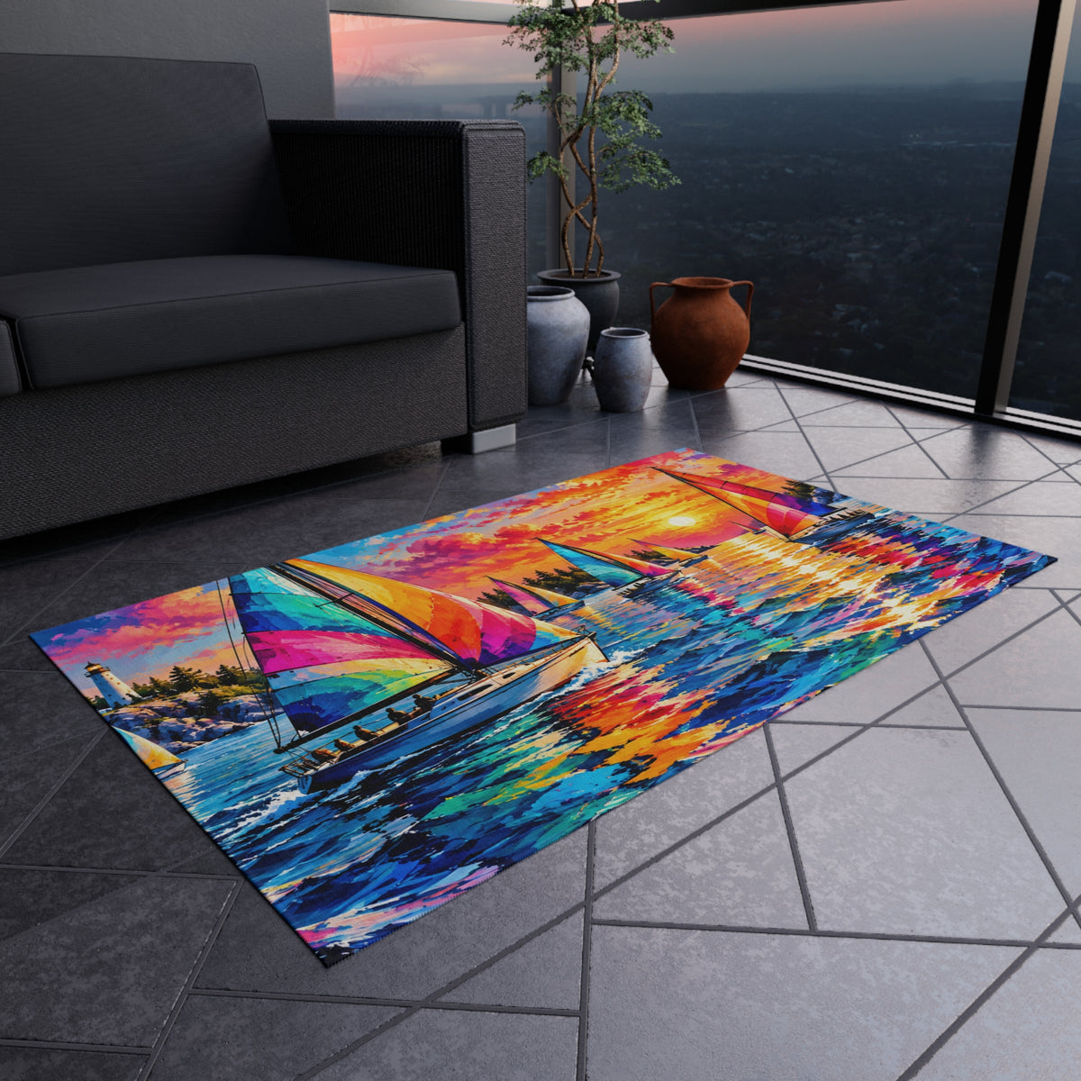 Sailboat Sunset Outdoor Rug — Colorful Nautical Patio Mat