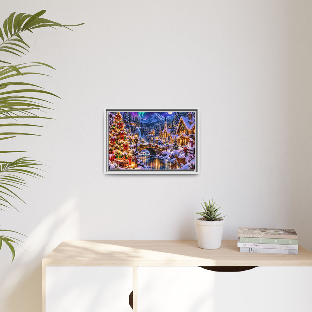 Framed Matte Canvas - Cozy Christmas Village Winter Night Wall Art