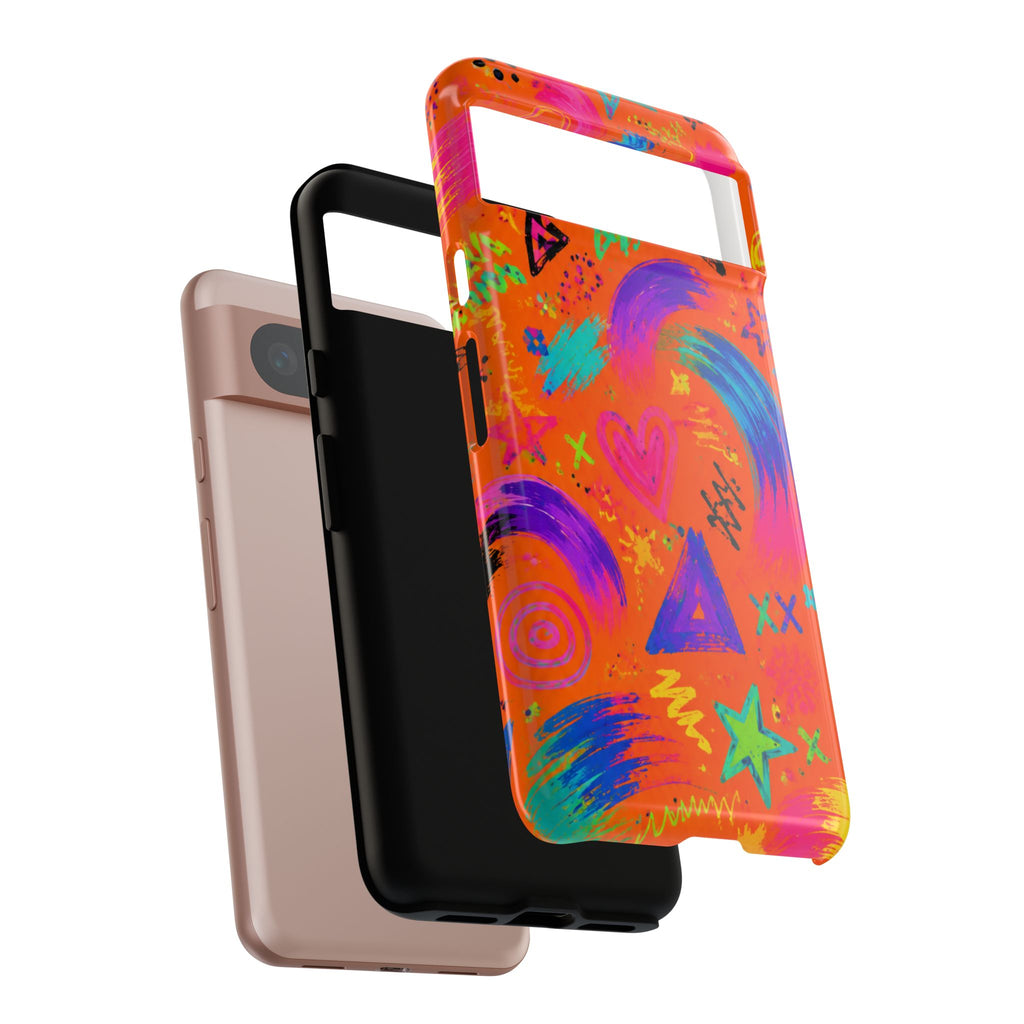 Colorful Neon Doodle Phone Case — Bright Abstract Stars & Hearts Tough Case