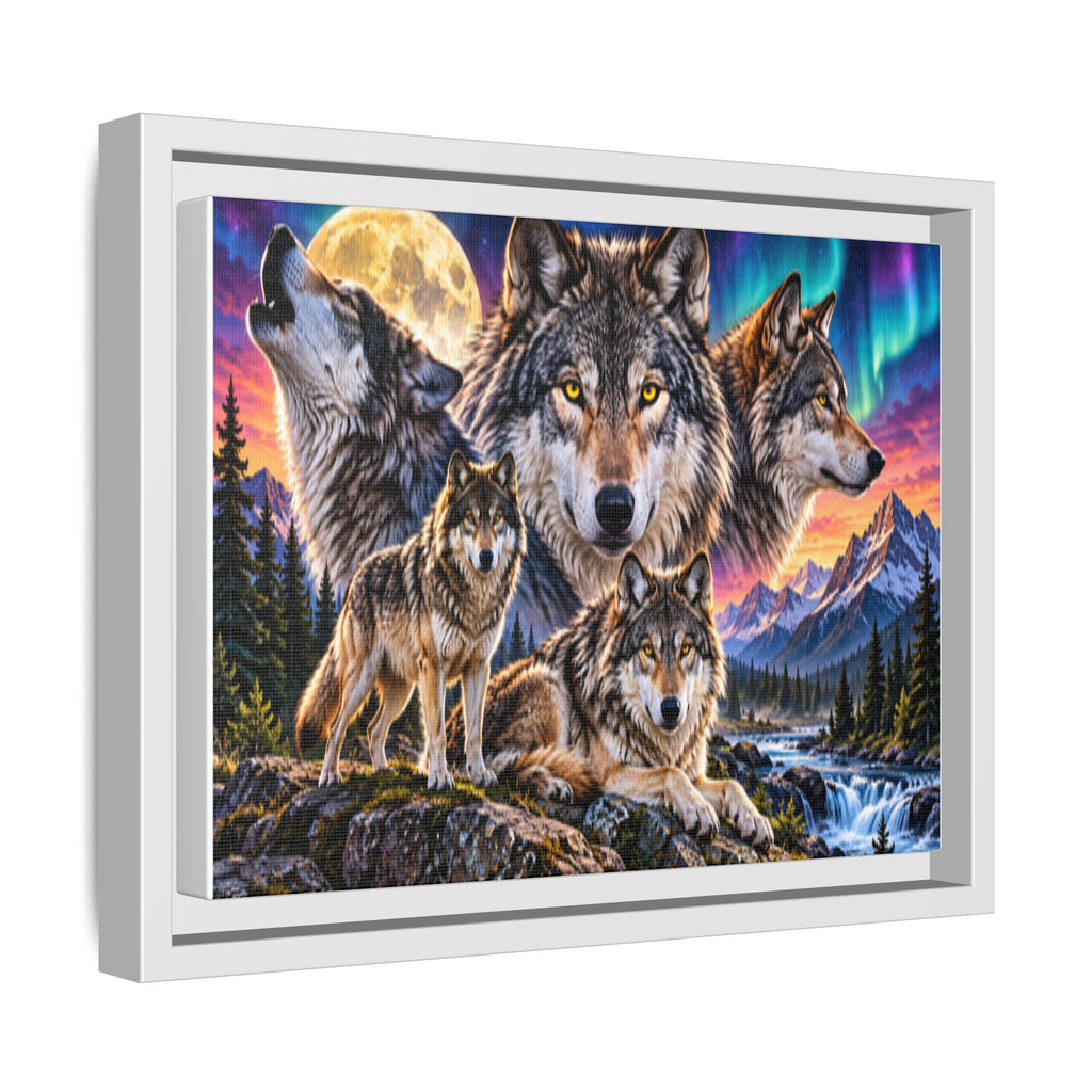 Framed Wolf Pack Matte Canvas Wall Art — Northern Lights Wilderness Scene