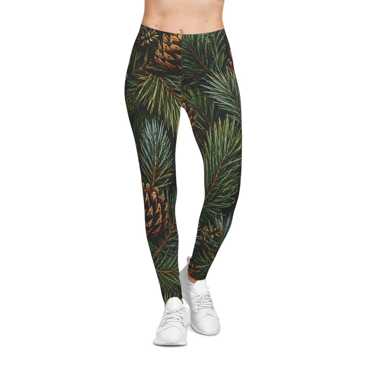 Pinecone Forest Leggings — Women’s Holiday Pine Needle All-Over Print Leggings