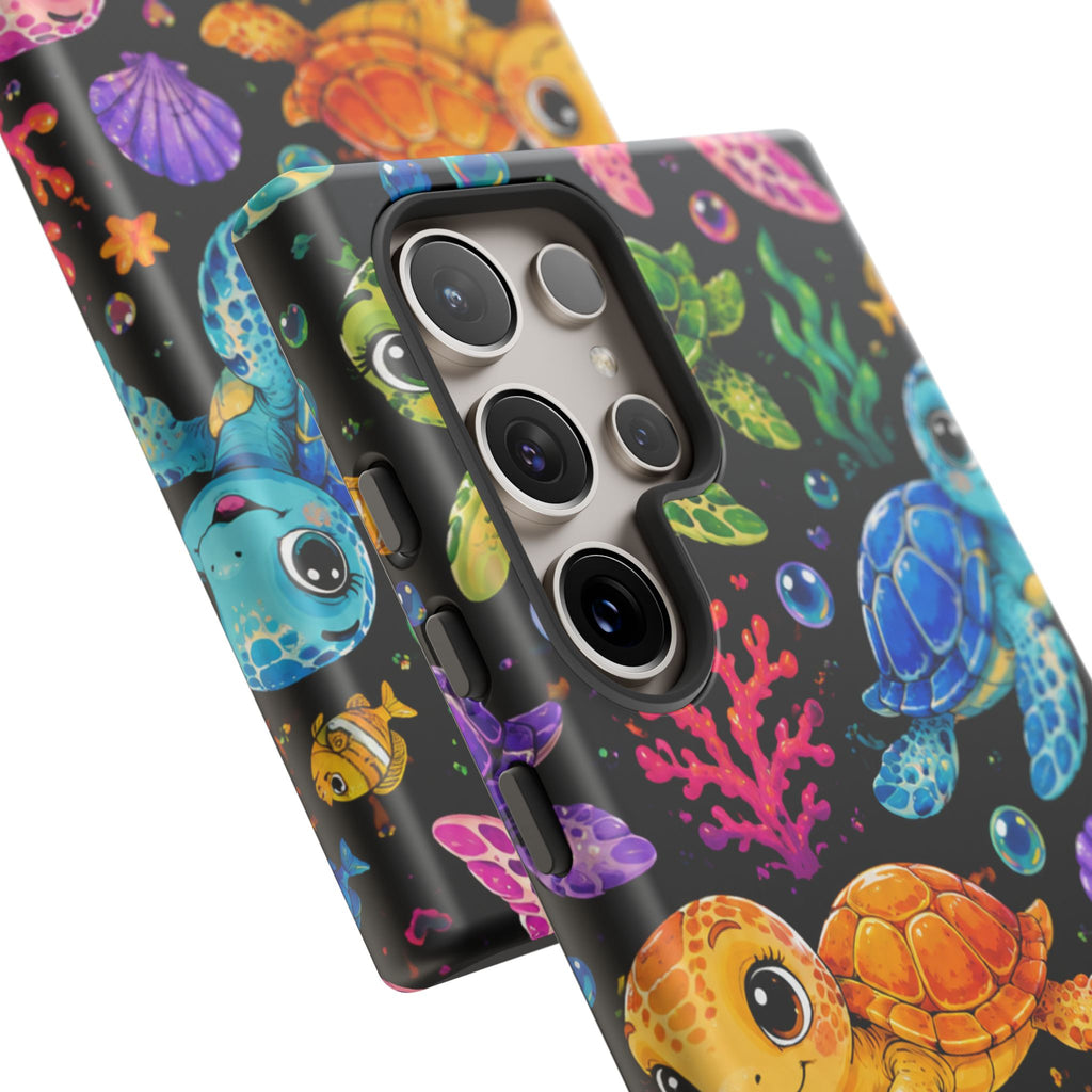 Phone Case — Colorful Cute Sea Turtles on Black (Protective Smartphone Cover)