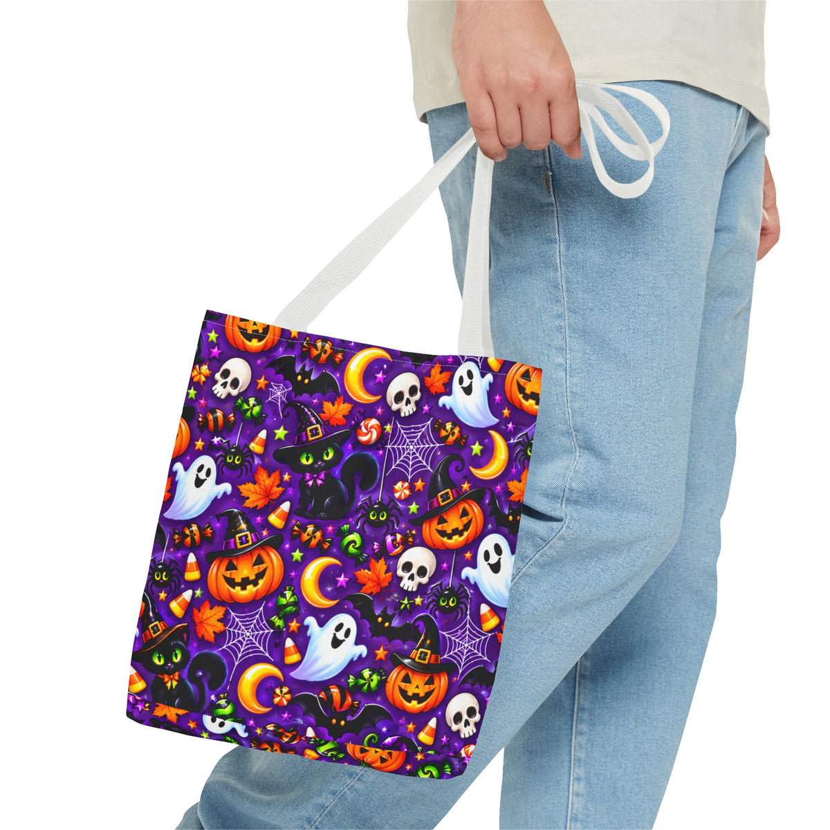 Halloween Pattern Tote Bag — Cute Ghosts, Pumpkins & Skulls All-Over Print