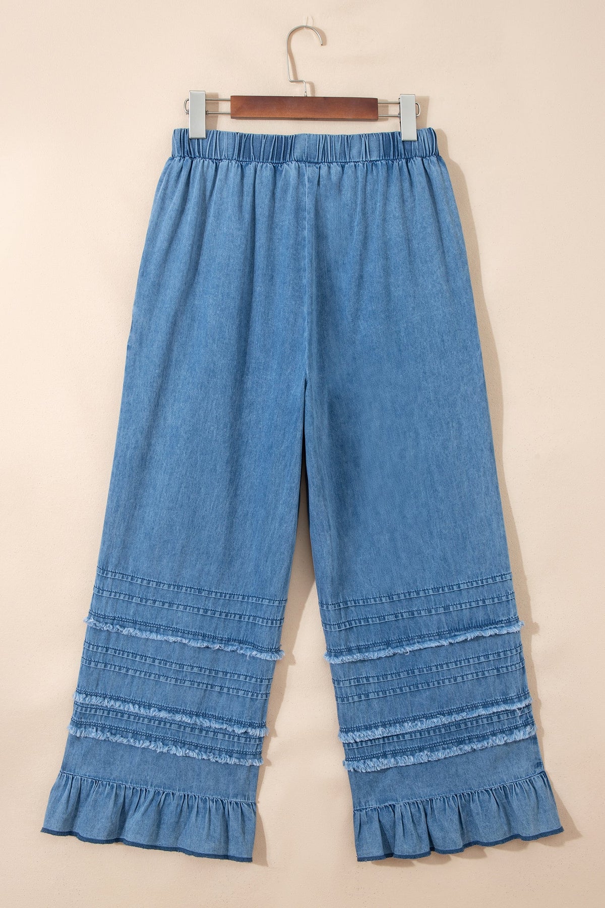 Denim Chambray Ruffle Hem Wide Leg Pants