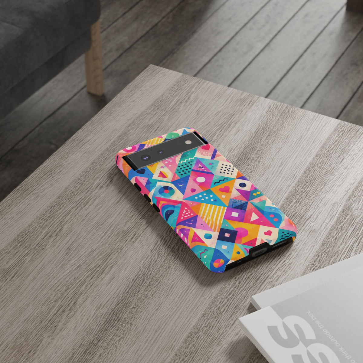 Colorful Geometric Tough Phone Case — Bright Abstract Heart & Triangle Pattern