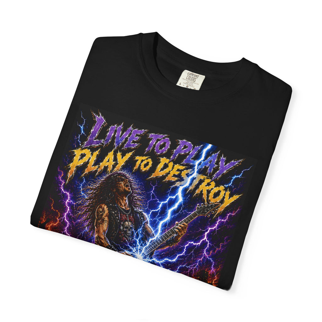Live to Play, Play to Destroy graphic T-Shirt | Metal Lightning Rider