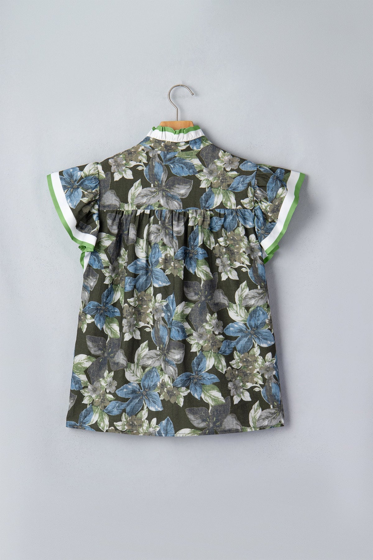 Floral Ruffle Short Sleeve Half Buttoned Blouse
