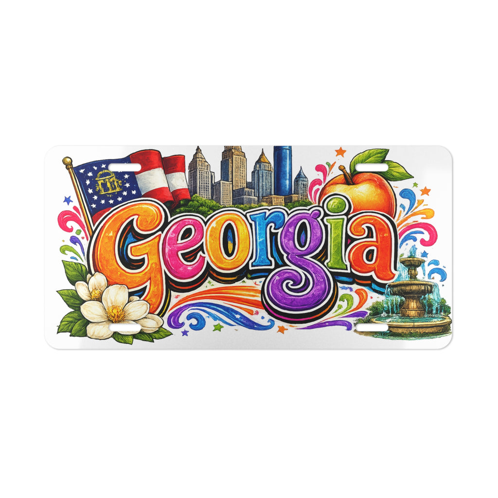Georgia colorful state skyline license plate | peach, magnolia, fountain