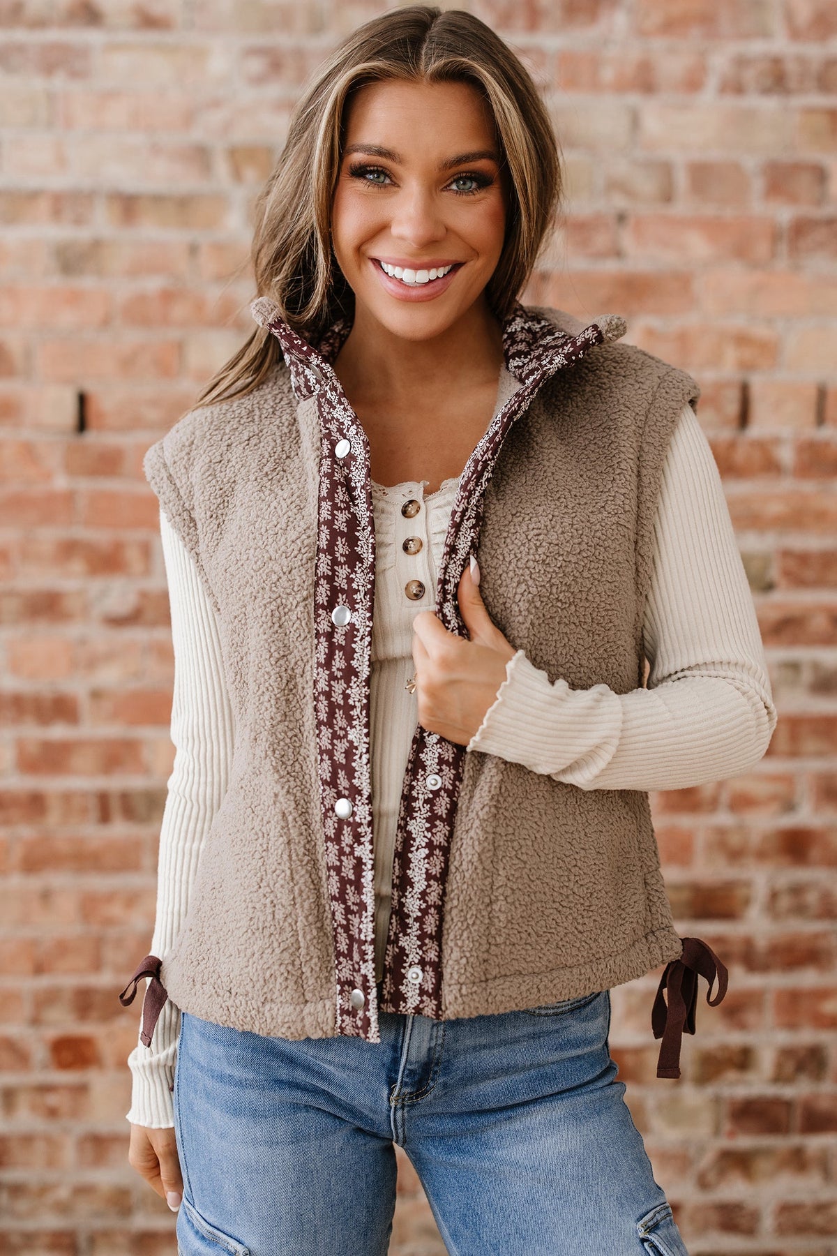 Floral Contrast Trim Fleece Side Bow Tie Vest