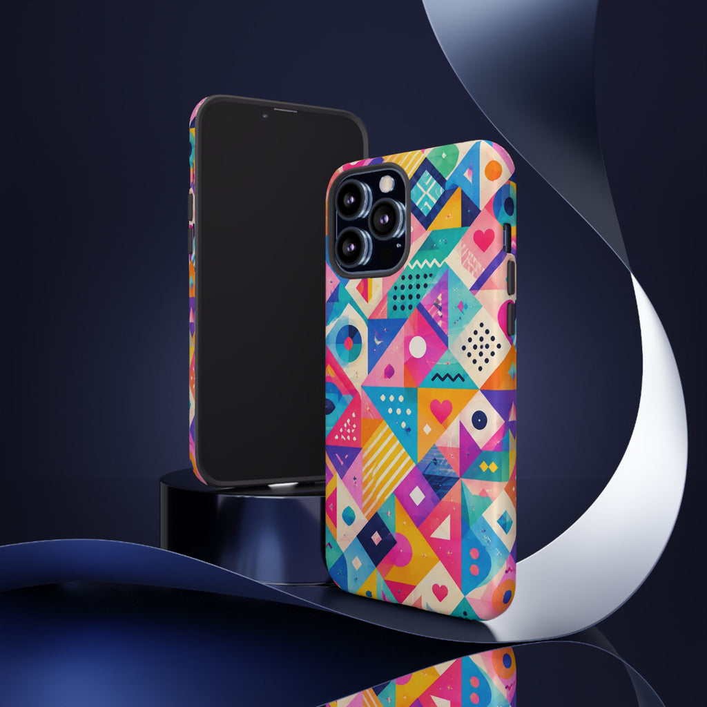Colorful Geometric Tough Phone Case — Bright Abstract Heart & Triangle Pattern