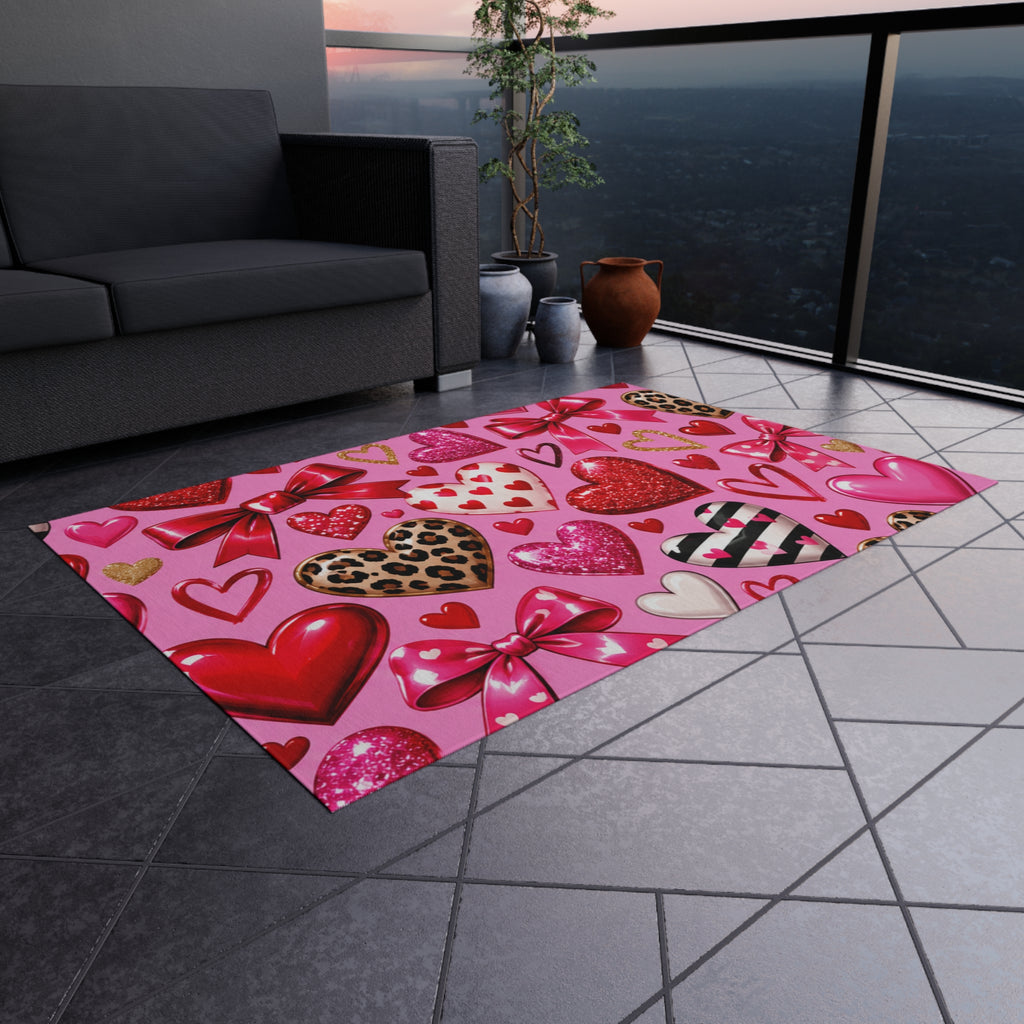 Valentine Hearts Outdoor Rug — Pink Bow & Leopard Accent Doormat