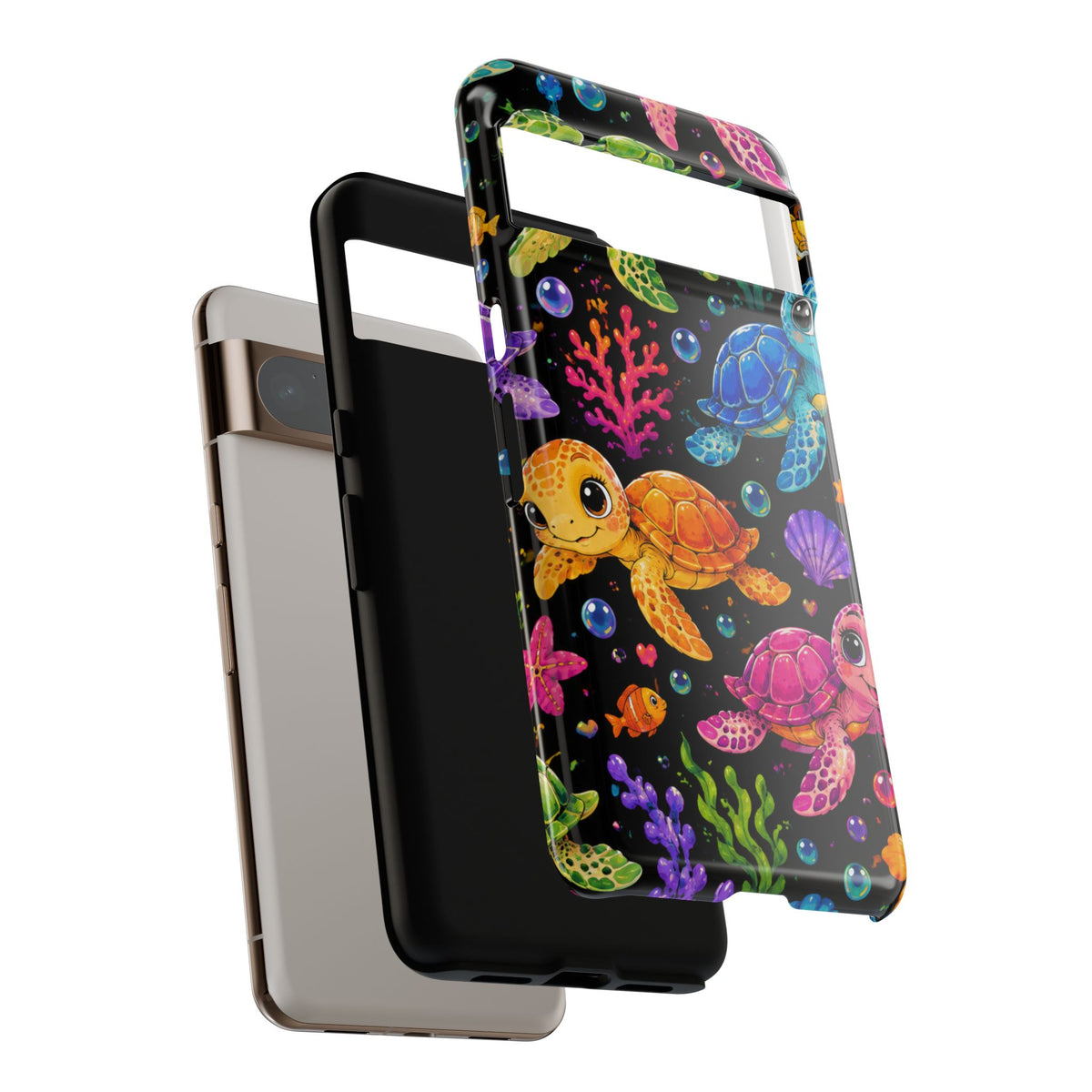 Phone Case — Colorful Cute Sea Turtles on Black (Protective Smartphone Cover)