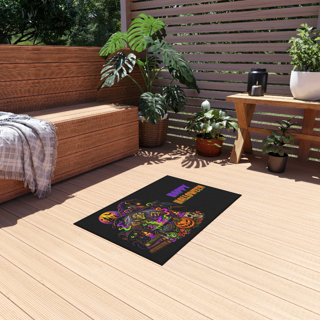 Halloween Witch Outdoor Rug — "Happy Halloween" Spooky Porch Mat