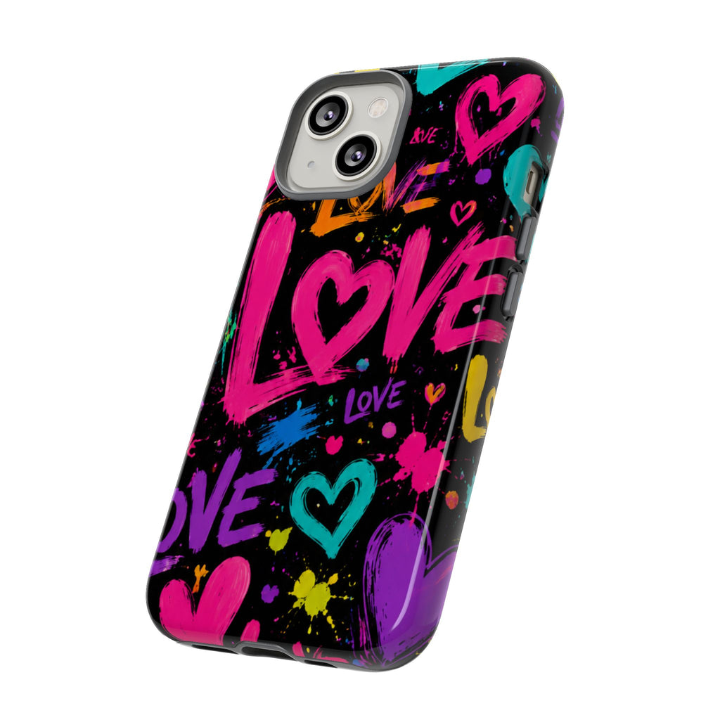 Phone Case — Neon Graffiti "Love" Hearts Protective Tough Case