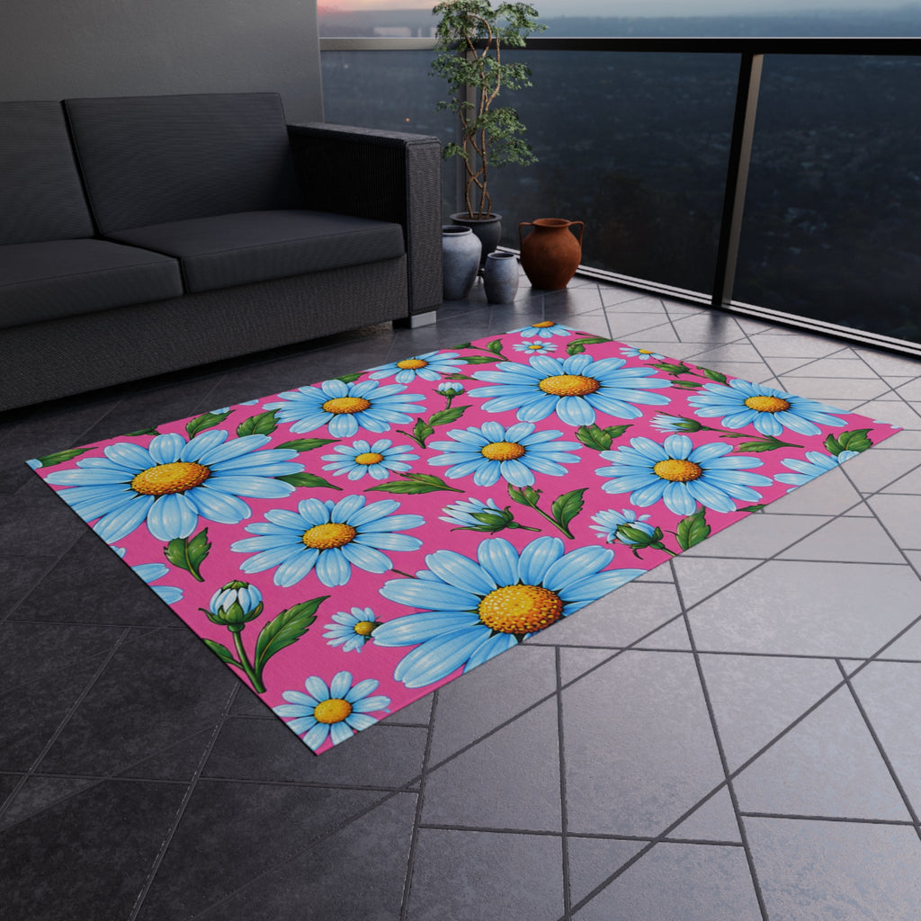 Daisy Bloom Outdoor Rug — Bright Blue Daisies on Pink Patio Mat