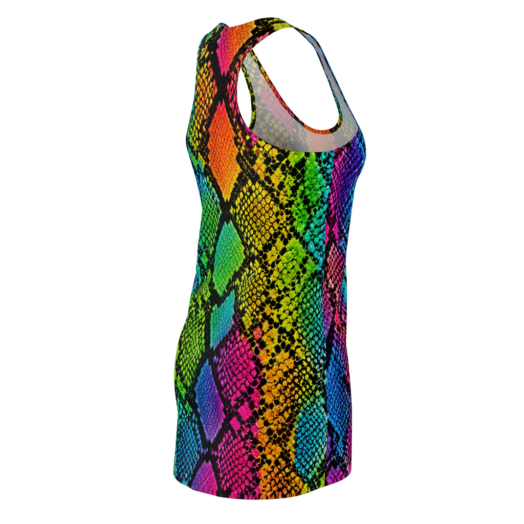 Rainbow Snakeprint Racerback Dress — Vibrant All-Over-Print Bodycon