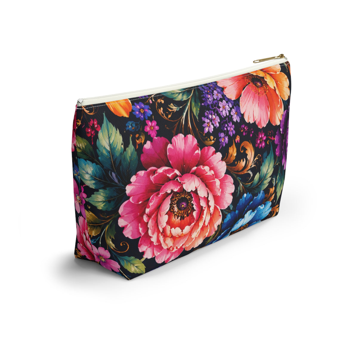 Floral Accessory Pouch — Vibrant Garden Makeup Bag with T-Bottom